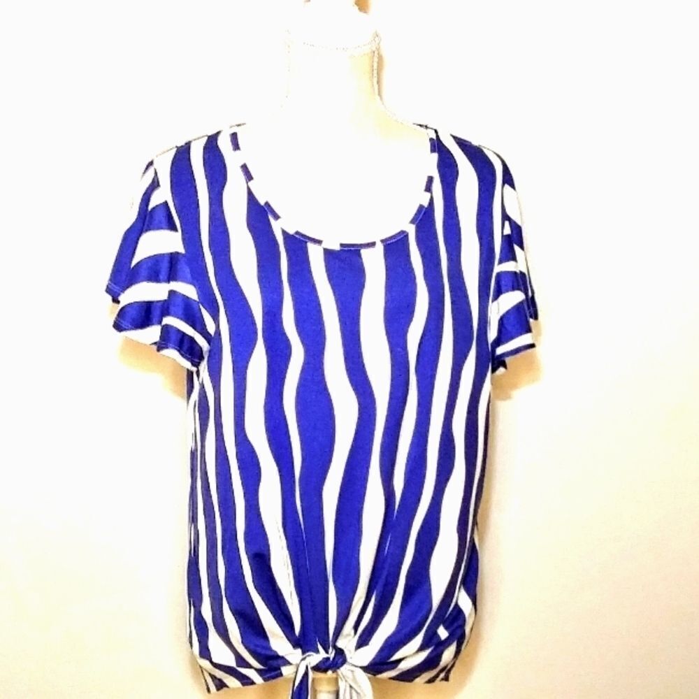NWT TINT & Shadow Womens Blue Stripe Ruffle Tie Top
